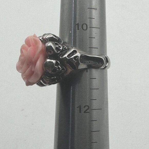Gothic Pink Rose Skull-Themed Ring With Silver Band - Picture 6 of 7